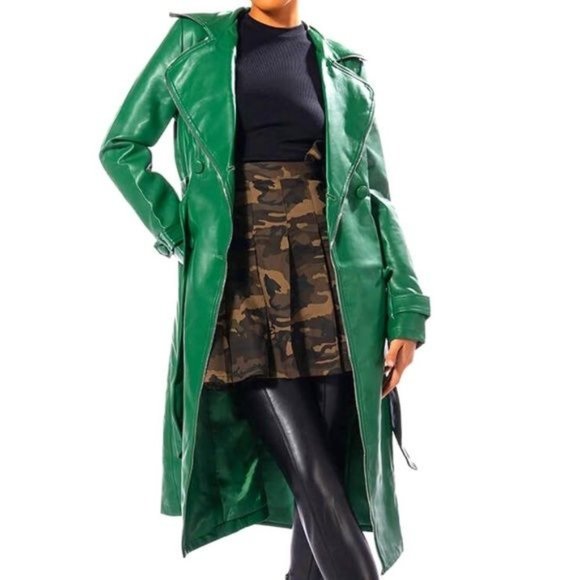 Miz Money Green: Unzipped Belted Vegan Leather Trench Jacket XL - Picture 4 of 9